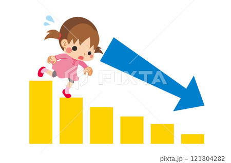 下降するグラフの階段を下りる可愛い小さな女の子のイラスト　白背景　ベクター　クリップアート 121804282