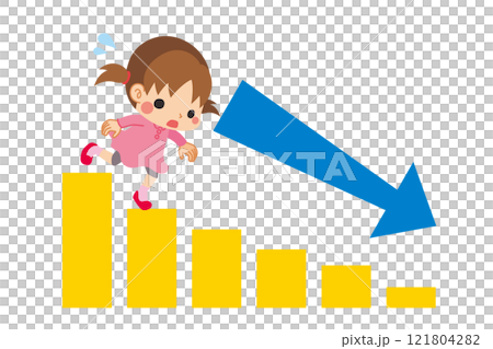 下降するグラフの階段を下りる可愛い小さな女の子のイラスト　白背景　ベクター　クリップアート 121804282