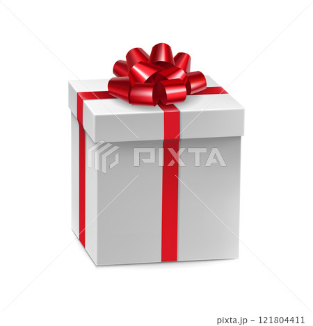 Closed cardboard square box with red ribbon bow Closed cardboard square box with red ribbon bow 121804411