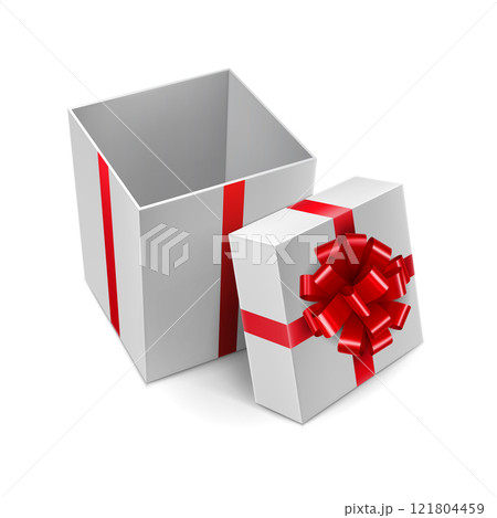 Opened white square gift box with shiny red ribbon 121804459