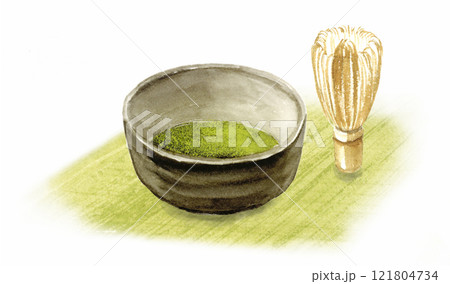 湯のみ茶碗に入った抹茶と茶せんの墨彩画 121804734