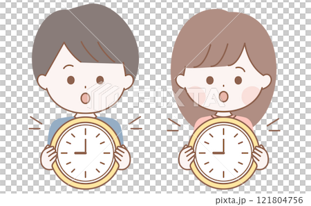 Cute character illustration of a woman and a man holding a clock 121804756