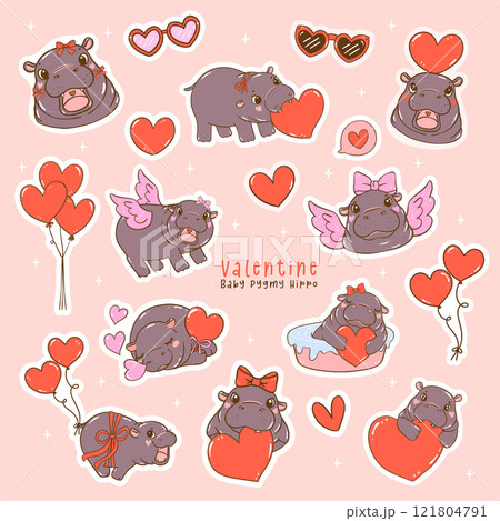 Cute Retro Valentine Baby Pygmy Hippo Hand Drawn Sticker Collection 121804791