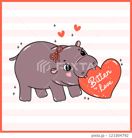 Cute Valentine Boundy Baby Pygmy Hippo bite red Heart Hand Drawn Cartoon Character 121804792