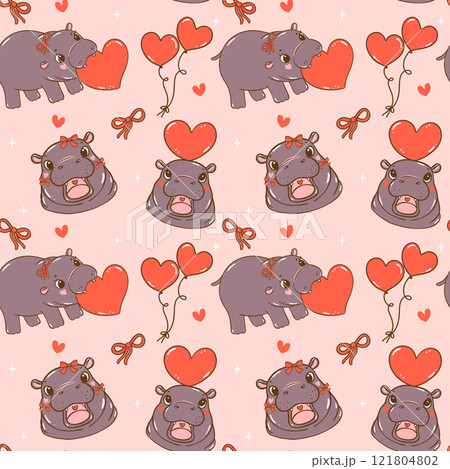 Retro Coquette Valentine Cute Baby Pygmy Hippo Seamless Pattern isolated on background 121804802