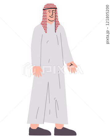 Arabian man wearing Saudi Arabian traditional Thawb Thobe attire middle east culture tradition Ghutra headdress Arabic people Muslim Islam character design colorful 121805200