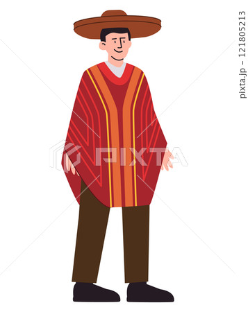 Spanish man wearing Spain Poncho traditional heritage attire headdress hat Hispanic ethnicity character colorful design icon set Spanish man wearing Spain Poncho traditional heritage attire headdress hat Hispanic ethnicity character colorful design icon set 121805213