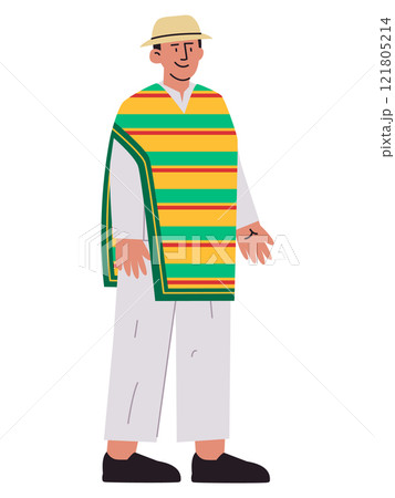 Mexican man wearing Mexico traditional robe Poncho tradition attire cultural heritage pattern colorful character expressive smiling face design icon set Mexican man wearing Mexico traditional robe Poncho tradition attire cultural heritage pattern colorful character expressive smiling face design icon set 121805214