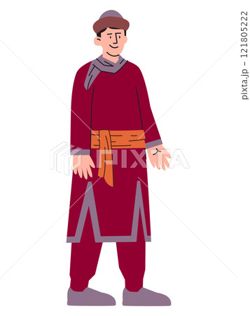 Kazakh man wearing Kazakhstan traditional attire heritage clothes culture tradition dress skullcap hat headdress expressive character colorful design 121805222