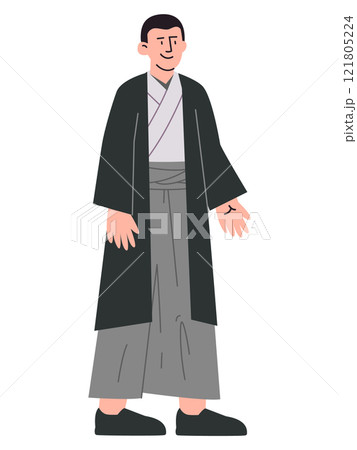 Japanese man wearing Haori Hakama Japanese culture attire dress cultural heritage clothes colorful character smiling expression design 121805224