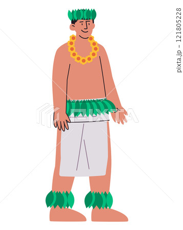 Hawaiian man wearing natural traditional Hawaii clothes leaves skirt native tribe character cultural heritage island Polynesian people character design icon set 121805228