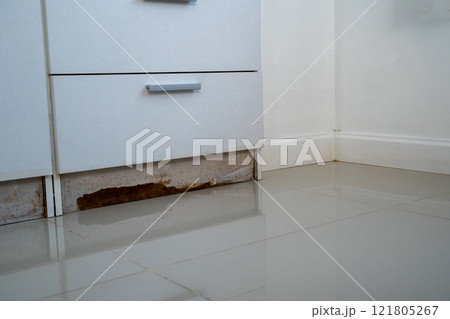 the closet with a white cabinet and a brown stain on the floor 121805267