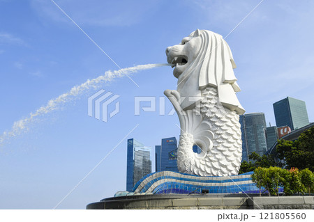 Low-angle view of the Merlion buildings in Singapore. Merlion is the official mascot of Singapore. 121805560