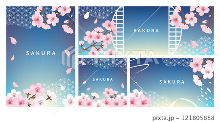 桜のテンプレートセット_和柄青 121805888