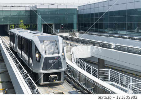 The Skytrain automated people mover (APM) at Singapore Changi Airport connects Terminals 1, 2, and 3.  121805902