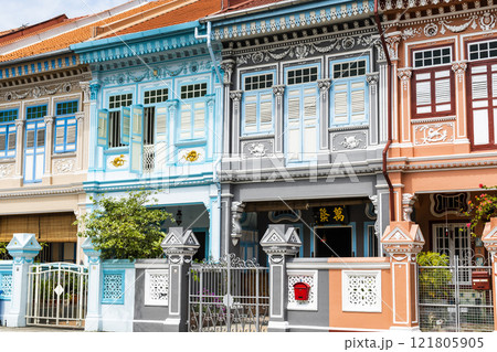 Building view of the Colorful Shophouses along Koon Seng Road of Katong-Joo Chiat Place in Singapore is a tourist hotspot. 121805905