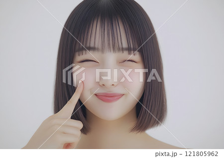 指でほっぺを押す可愛い笑顔の女性 121805962