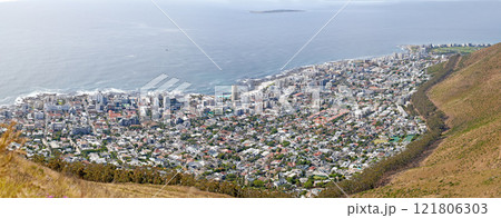 Panoramic landscape and aerial view of the Cape Town, Western Cape in South Africa. Scenic copyspace view of a beautiful town for tourism and holiday by the sea and ocean during summer from above Panoramic landscape and aerial view of the Cape Town, Western Cape in South Africa. Scenic copyspace view of a beautiful town for tourism and holiday by the sea and ocean during summer from above 121806303