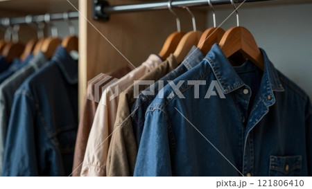 Organized closet with hanging denim and casual jackets on wooden hangers Organized closet with hanging denim and casual jackets on wooden hangers 121806410