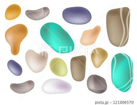 Set of multicolored sea stones collected on coast. Collection of rocky pebbles from river bottom. realistic color vector isolated on white background Set of multicolored sea stones collected on coast. Collection of rocky pebbles from river bottom. realistic color vector isolated on white background 121806570