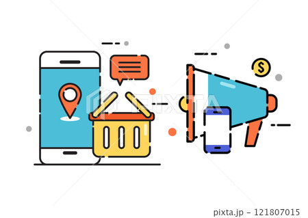 Marketing concept and online shopping line icon. Advertisement device symbol. 121807015