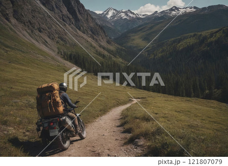 traveler on motorcycle mountain landscape traveler on motorcycle mountain landscape 121807079