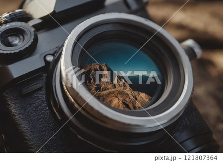 camera with reflection of mountains in lens 121807364