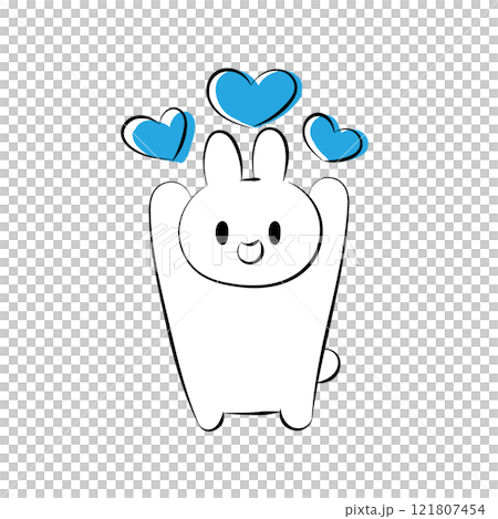 A cute, loose, hand-drawn illustration of a rabbit smiling and holding a blue heart 121807454