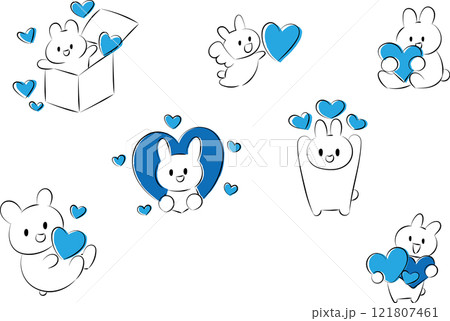 うさぎと青いハートマークのイラストセット 121807461