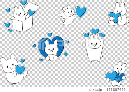 うさぎと青いハートマークのイラストセット 121807461
