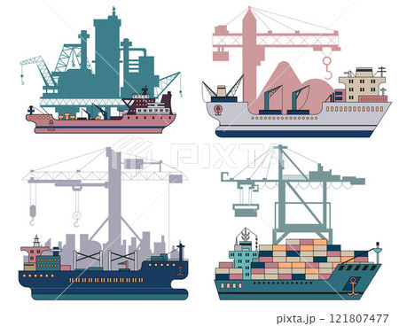 Design vector set with modern commercial ships - bulker, containership, tanker, dry cargo ship, with silhouettes of port cranes and oil platform . Trade, business, import, export, logistics. 121807477