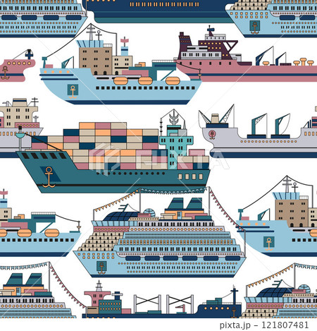 Seamless pattern with modern commercial ships - bulker, containership, tanker, icebreaker against white background. Trade, business, import, export, logistics concept. Line art cartoon illustration 121807481