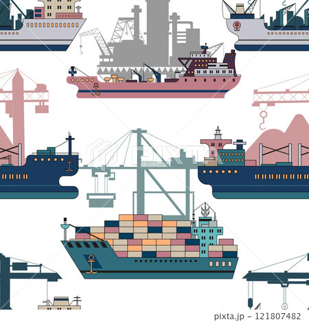 Seamless pattern with modern commercial ships and silhouettes of cargo port cranes against white background. Trade, business, import, export, logistics concept. Line art cartoon illustration 121807482