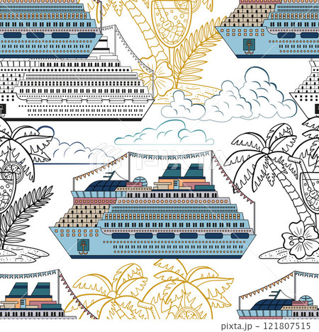 Seamless pattern with cruise ship or passenger liner with tropical island with palms and cocktails on white. Travel, transportation and discovery concept. Line art cartoon illustrations Seamless pattern with cruise ship or passenger liner with tropical island with palms and cocktails on white. Travel, transportation and discovery concept. Line art cartoon illustrations 121807515