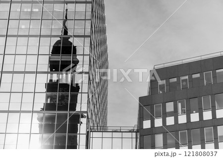Reflection of St. Michael Church in glass wall, Hamburg, Germany Reflection of St. Michael Church in glass wall, Hamburg, Germany 121808037