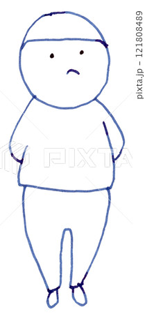 立ってふくれっ面で上を向いている子供の線画イラスト手書き_万年筆ブルーブラック染料インク 立ってふくれっ面で上を向いている子供の線画イラスト手書き_万年筆ブルーブラック染料インク 121808489
