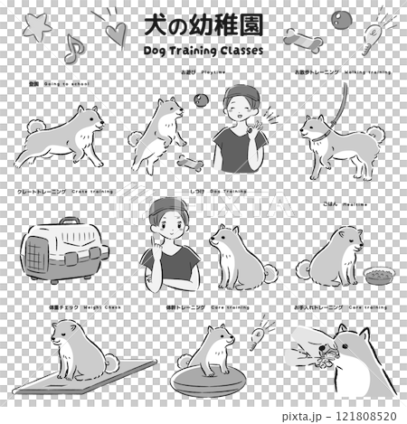 Illustration of a dog kindergarten (training class, dog trainer, dog school) 121808520