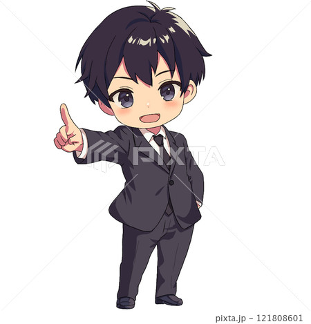 指差しスーツ姿の男性SDキャラ 121808601