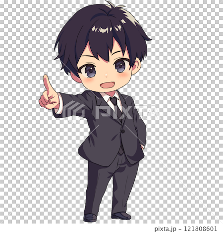 指差しスーツ姿の男性SDキャラ 121808601