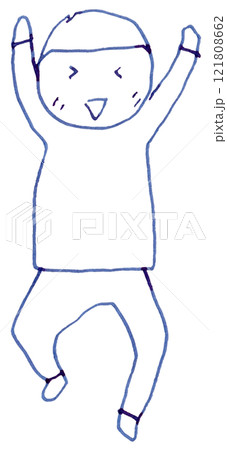 喜んで両手を上げて足もばたばたさせている子供の線画イラスト手書き_万年筆ブルーブラック染料インク 121808662