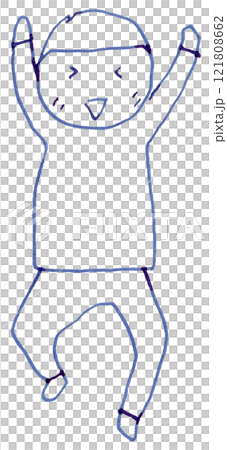 喜んで両手を上げて足もばたばたさせている子供の線画イラスト手書き_万年筆ブルーブラック染料インク 121808662