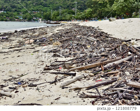 A beach heavily littered with wood and plastic A beach heavily littered with wood and plastic 121808779