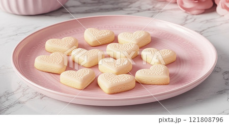 Heart shaped Valentines day cookies on pink plate for romantic celebration 121808796