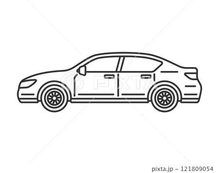 横から見た、セダン自動車（線画）のイラスト 121809054