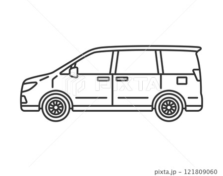 横から見た、ミニバンの自動車(線画)のイラスト 横から見た、ミニバンの自動車(線画)のイラスト 121809060