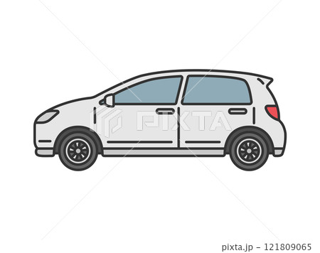 横から見た、白色のコンパクトカー（線画カラー）のイラスト 121809065
