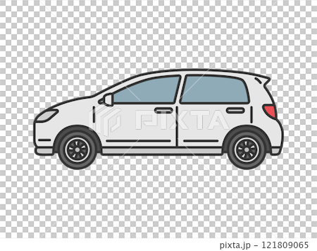 横から見た、白色のコンパクトカー（線画カラー）のイラスト 121809065