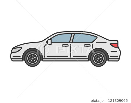 横から見た、白色のセダン自動車（線画カラー）のイラスト 121809066