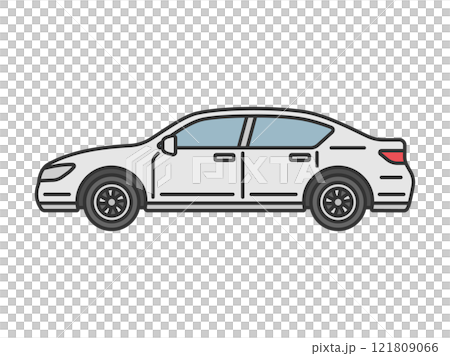 横から見た、白色のセダン自動車（線画カラー）のイラスト 121809066
