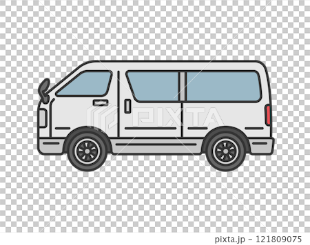 横から見た、白色のワンボックスカー（線画カラー）のイラスト 121809075